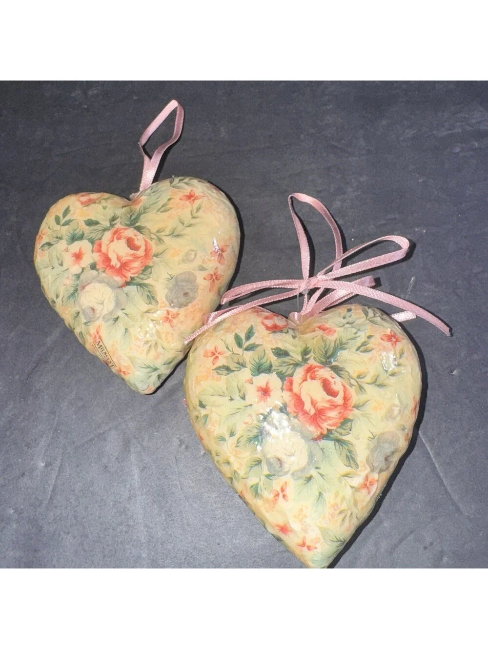 Shabby Chic Floral Heart Ornaments Set of 2 Rose Decoupage Style 4” Pink Ribbon
